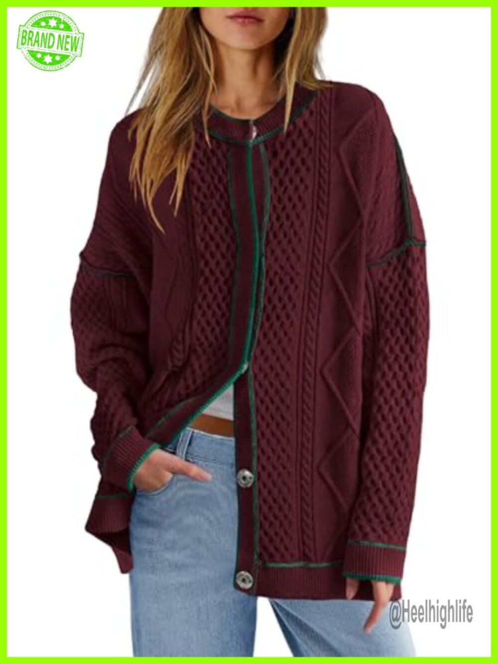 Womens Oversized Cable Knit Button Up Cardigan Striped Sweater with Pockets